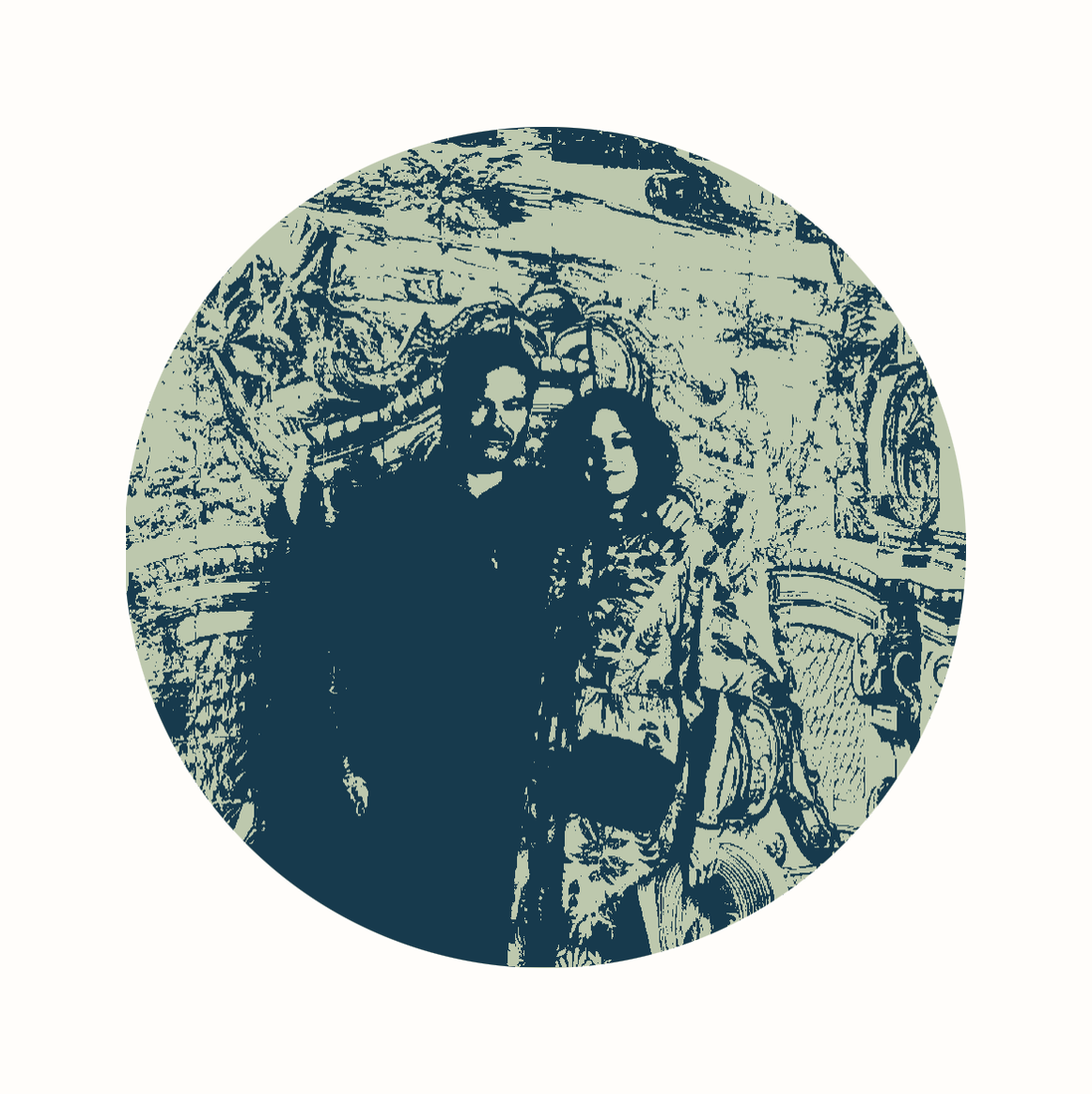 Sage and deep blue framed screenprint-style artwork of two people in a bedroom