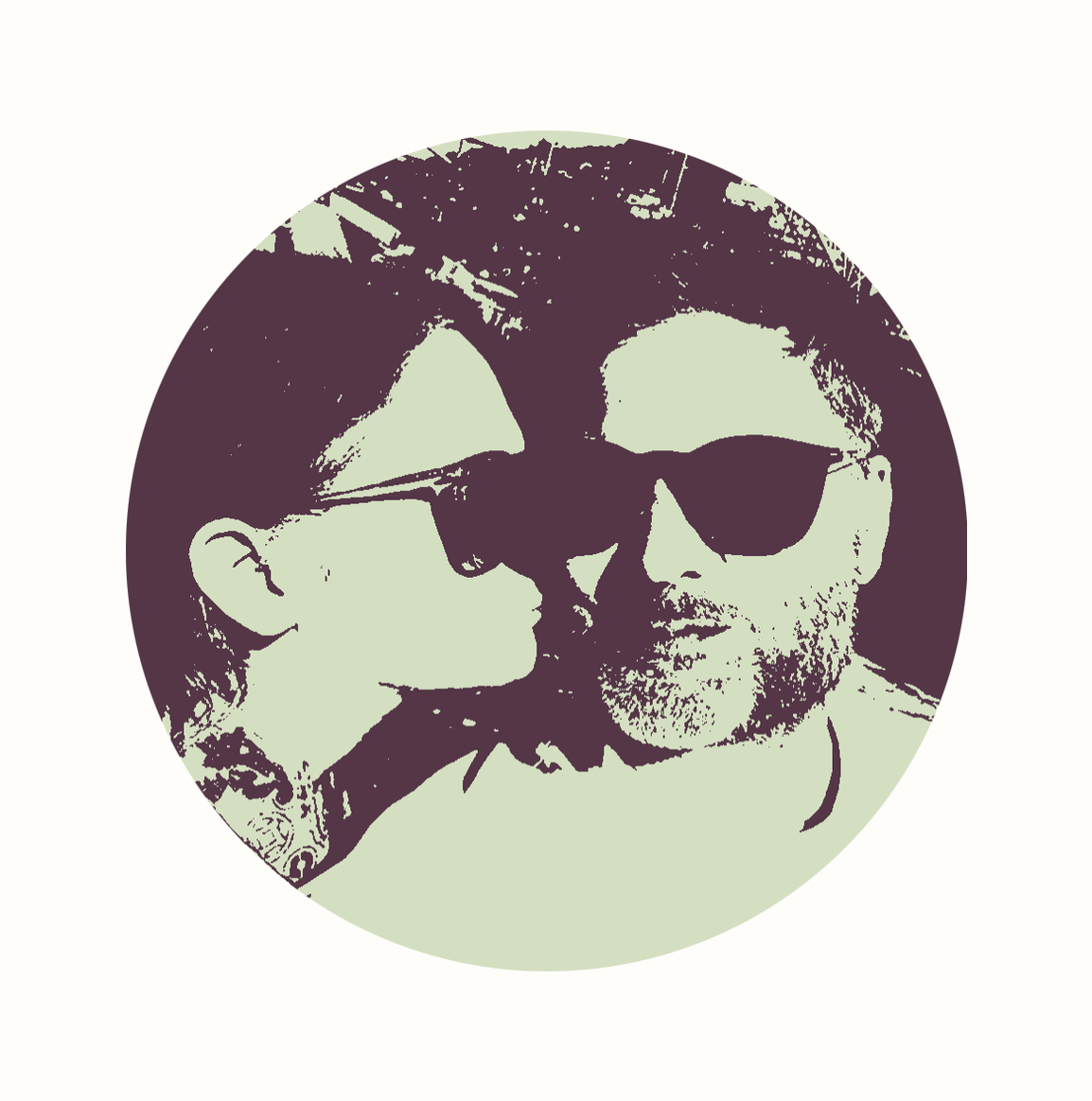 Plum and pale green framed screenprint-style artwork of two people in a dining room